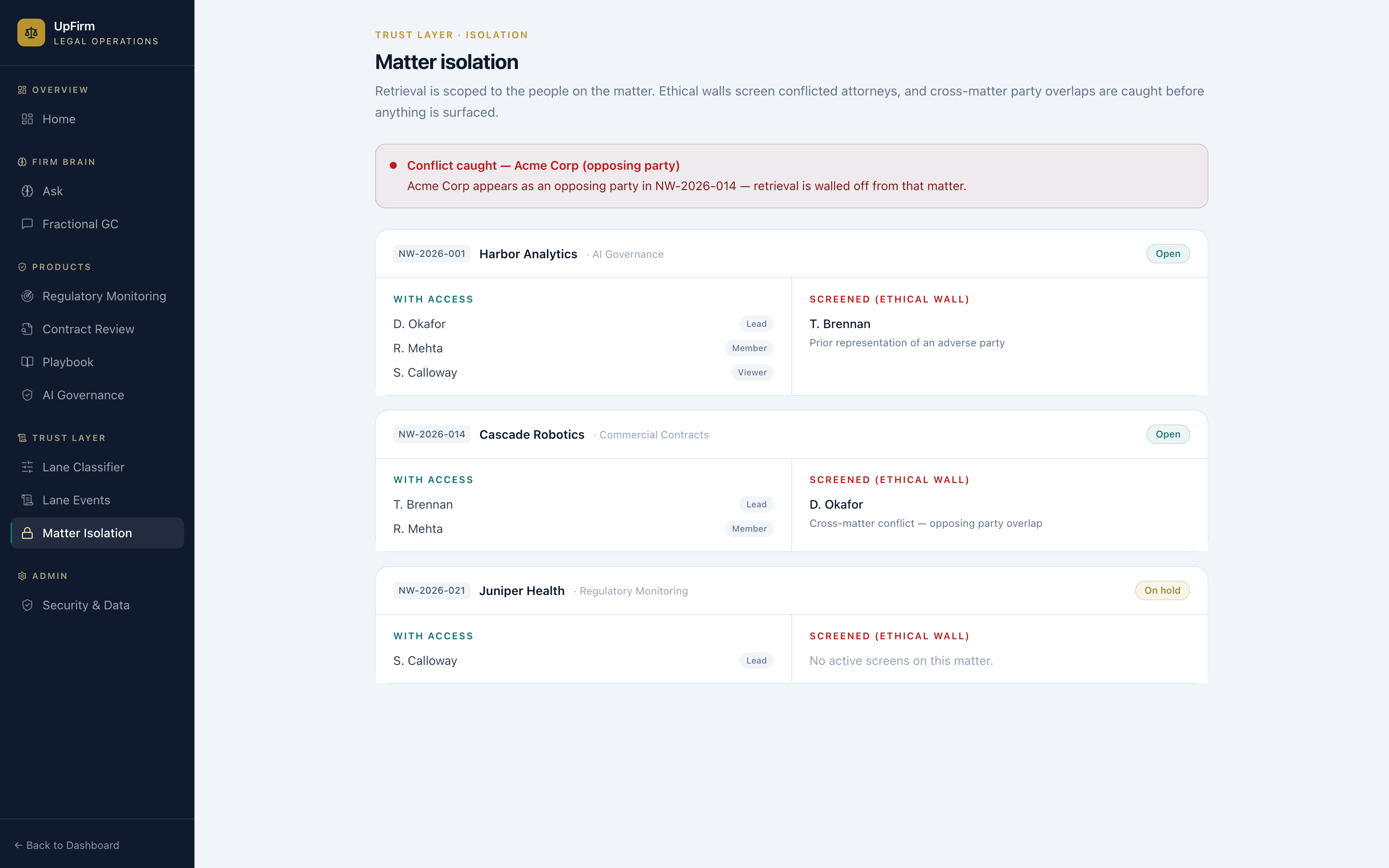 Matter isolation view showing per-matter access lists, ethical-wall screens, and a conflict-of-interest banner