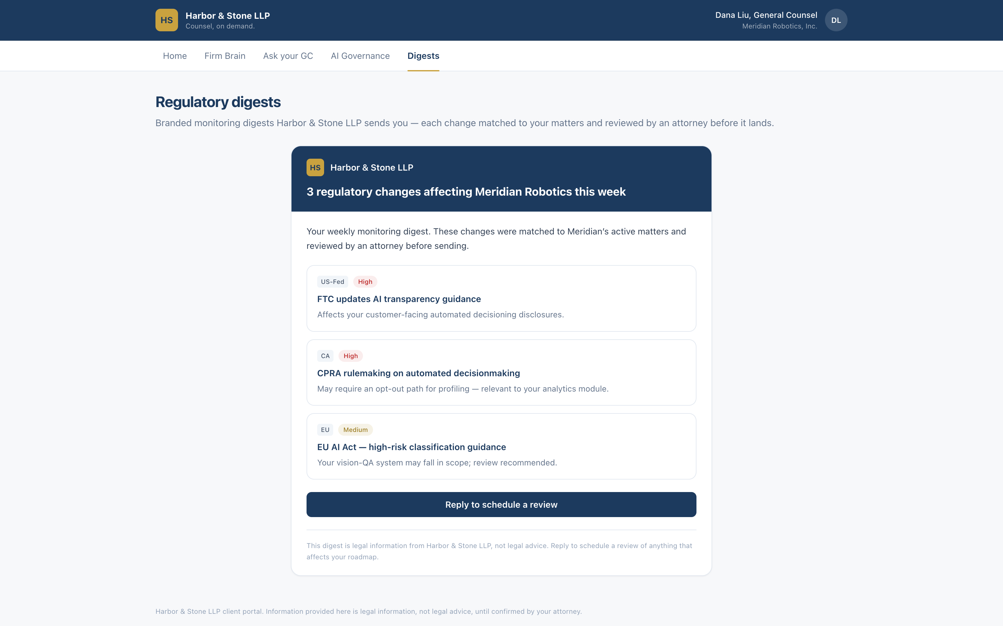 Branded regulatory digest email with jurisdiction-tagged, severity-rated alerts matched to client matters